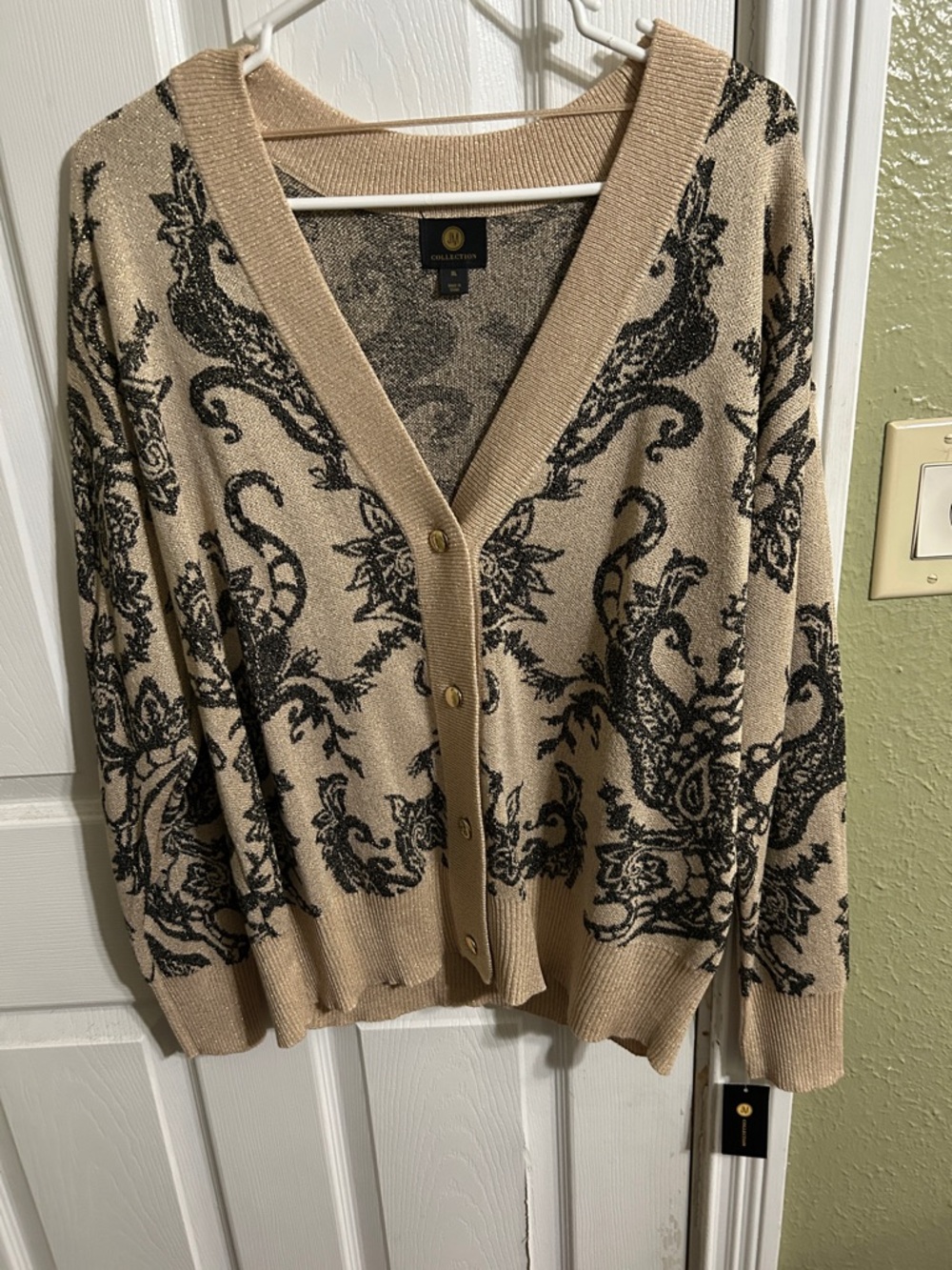 Collection B Beige and Black Paisley V-Neck Button Front Cardigan